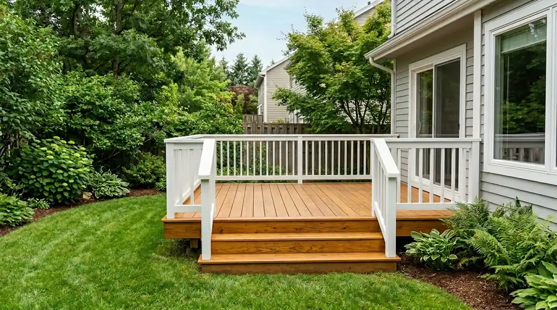 Small backyard wood deck with fresh honey-brown stain and simple railings, illustrating compact deck staining prices