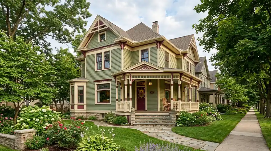 Historic wood-sided home with a multi-color heritage paint scheme and detailed trim, an example of heritage home painting pricing