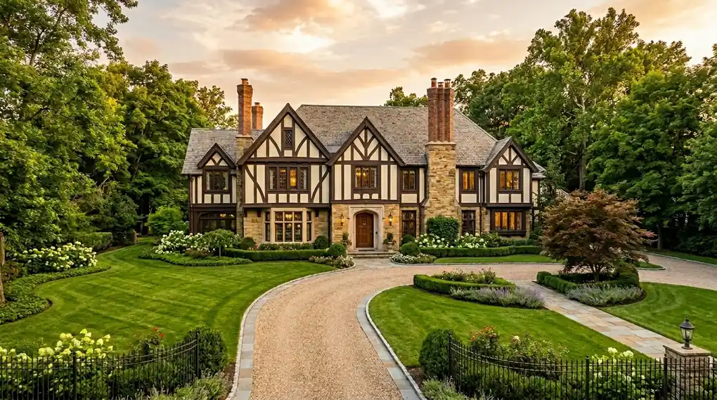 tately historic estate home with intricate trim work and a freshly painted multi-color exterior, representing large estate painting budgets