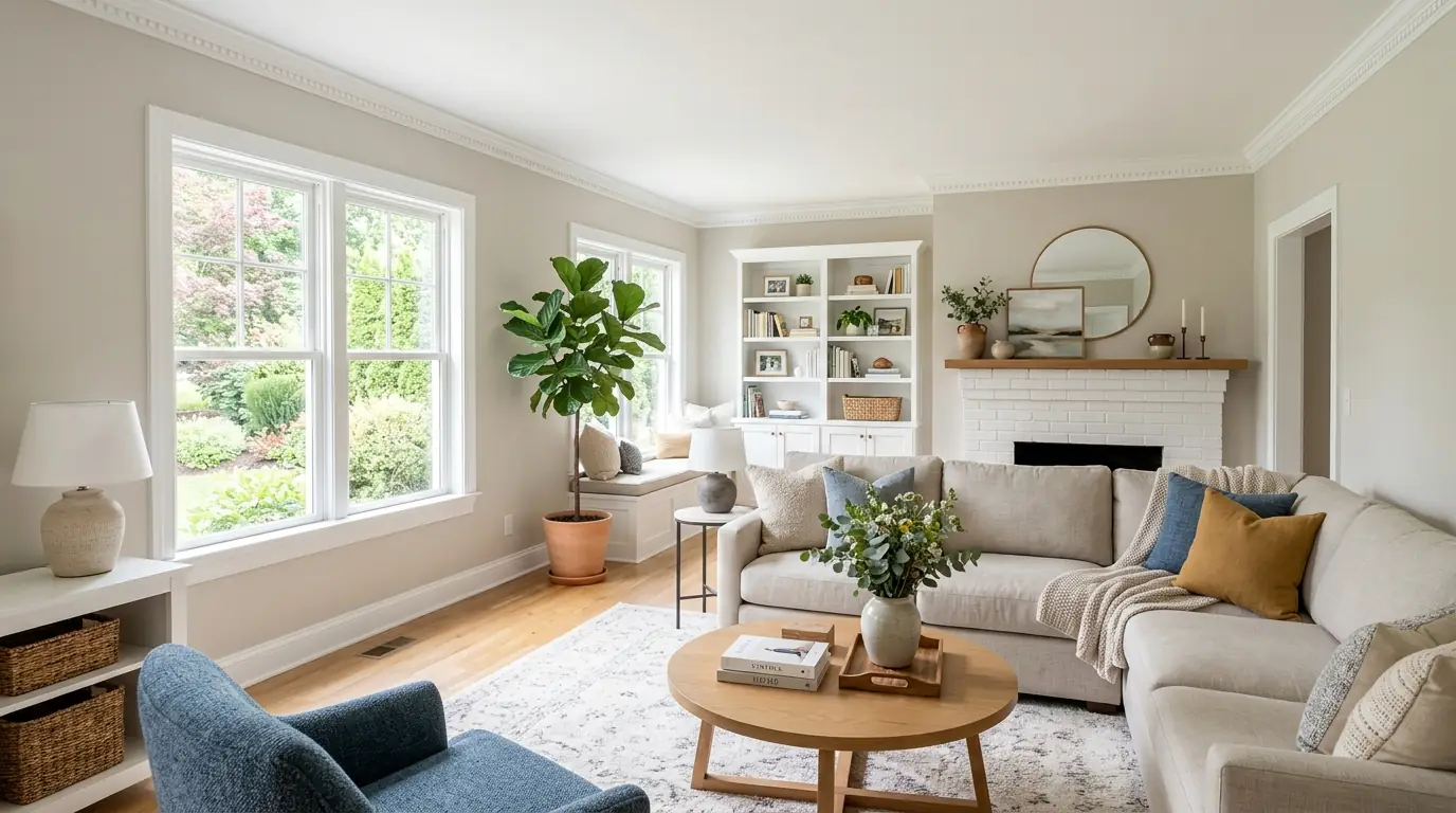 Family living room with greige walls and white crown molding, illustrating typical living room painting costs