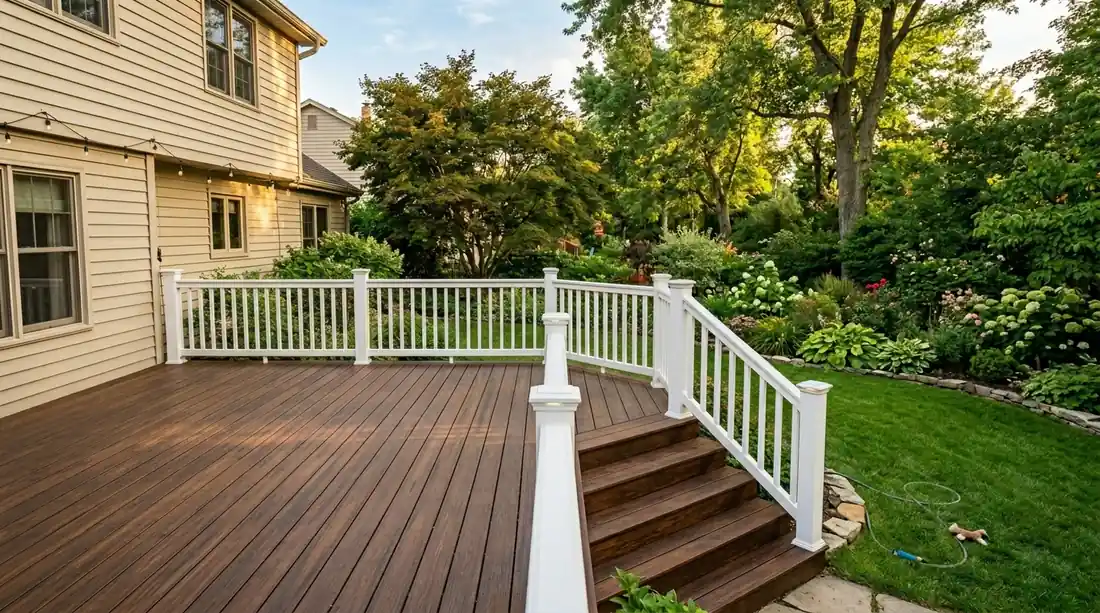 Family-sized backyard deck with dark walnut stain and painted railings, an example of standard deck painting costs