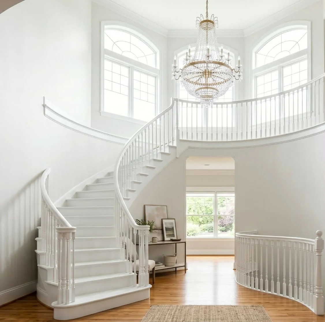 Two-story foyer with a curved staircase and tall painted walls, representing two-story entryway painting prices