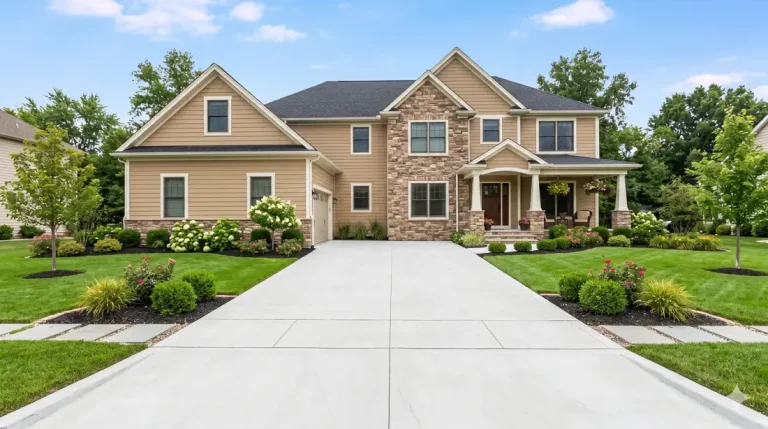 Light gray concrete driveway leading up to a home in Ohio