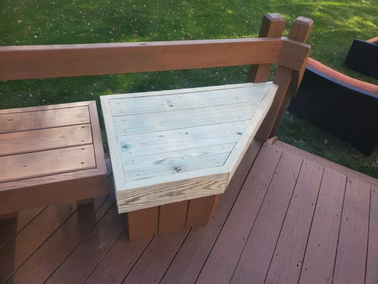 Freshly stained deck bench and railing corner, deck staining by Crocker Home Painting