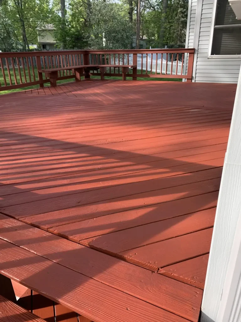 Freshly stained red deck boards, deck staining by Crocker Home Painting